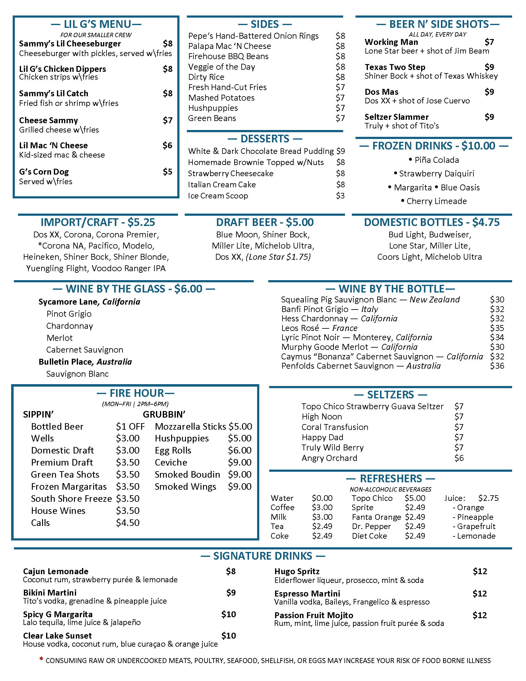 Sammy G's main menu back page
