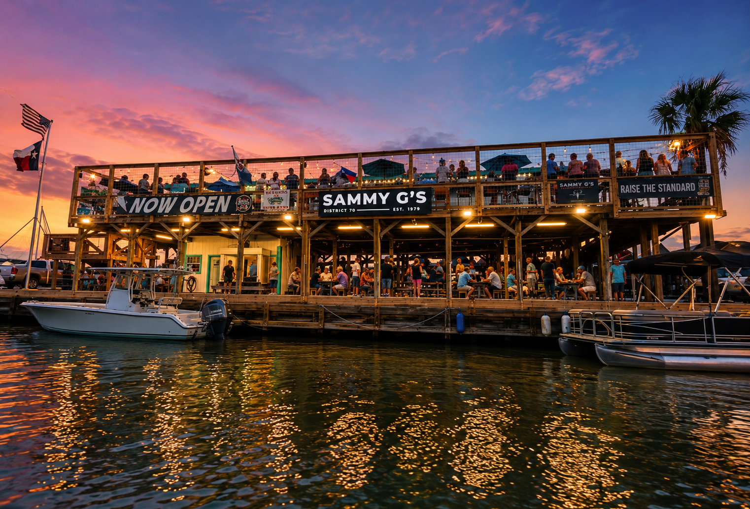 Sammy G's restaurant at sunset by the water