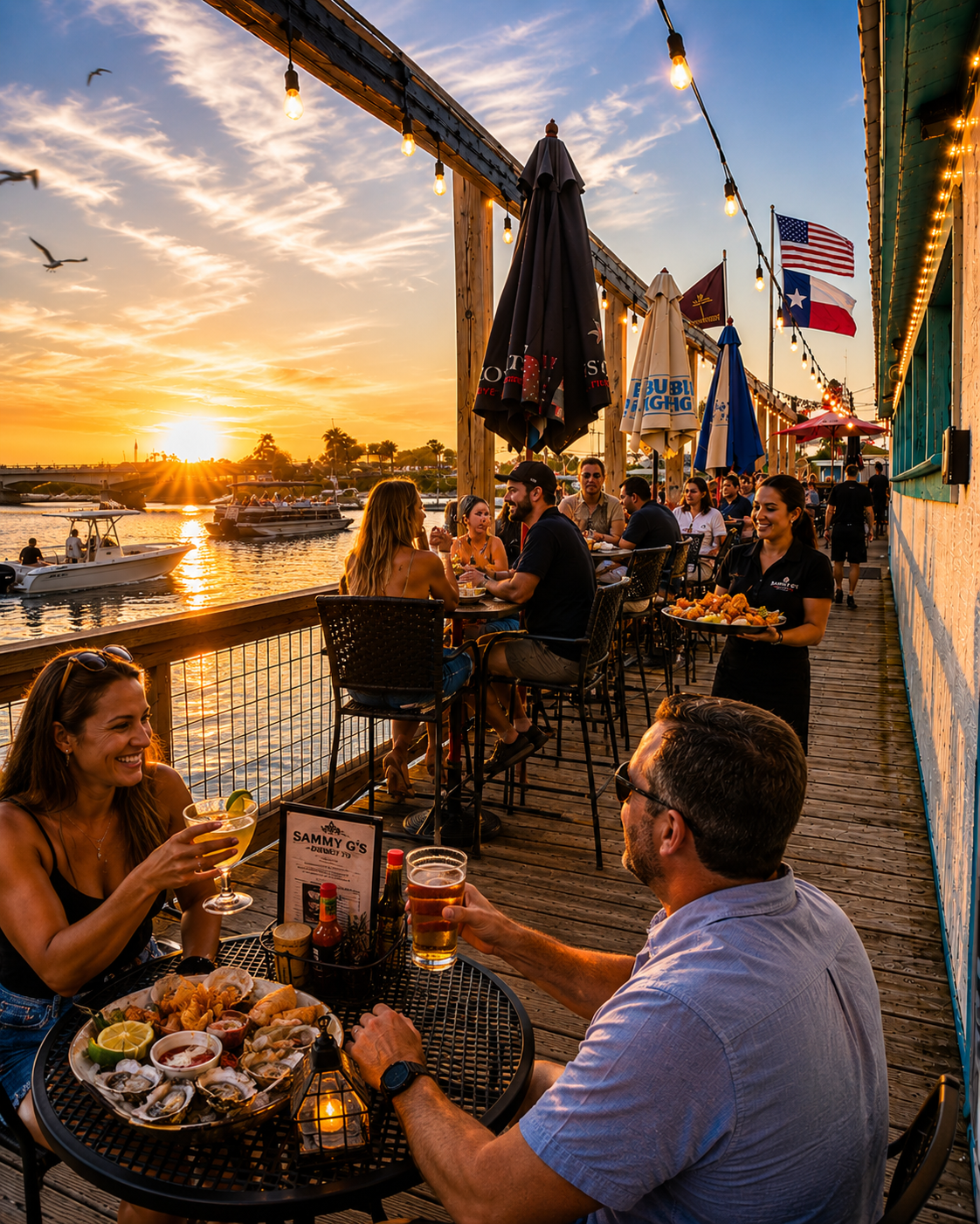 Guests dining on Sammy G's waterfront deck at sunset